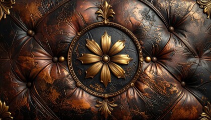 A close-up view presents tufted leather upholstery with a central golden floral emblem, surrounded by ornate detailing. The background shows rich hues