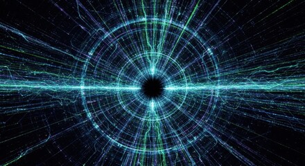 Obraz premium Futuristic digital data stream visualization with neon glowing circular patterns and dynamic lines