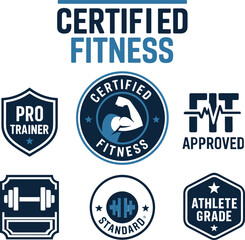Certified fitness badges and emblems with gym equipment and muscle arm logo