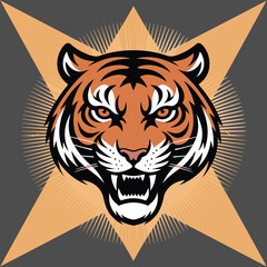 Fierce tiger head roaring with sharp teeth and orange starburst background animal