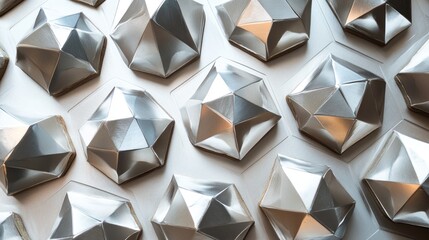 Geometrically perfect gingerbread cookies, iced with metallic, reflective frosting, arranged on a sheet of brushed aluminum, top-down shot