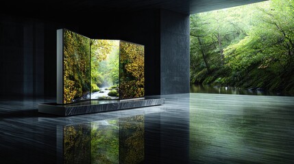Naklejka premium Modern, multi-panel display showcasing a tranquil forest scene.