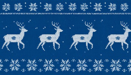 A knitted, festive pattern in shades of blue. Features stylized reindeer motifs with snowflakes. Repeating design with a textured, wintery feel