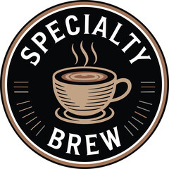 Specialty brew coffee cup logo with steam and circular design hot drink beverage