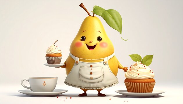 Adorable Pear Character Serving Cupcakes and Tea.