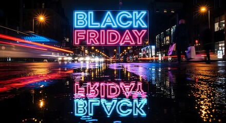 Illuminated Night: A vibrant neon sign declares the arrival of Black Friday, its colorful glow reflecting the excitement of shopping during nighttime on wet pavement.