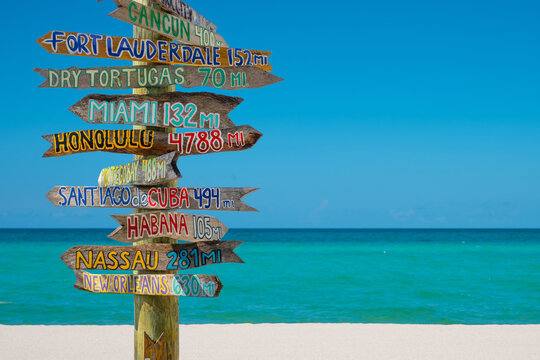Key West Florida. Mileage signpost on Key West. Fort Zachary Taylor State Park. Florida best beaches. Beach vibes. Tropical nature. Summer, winter, spring, autumn or fall vacations. Atlantic ocean