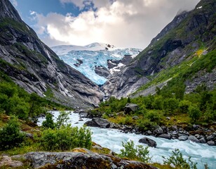 Obraz premium A majestic landscape with a turquoise glacier nestled between towering rock faces and a rushing glacial river. Lush greenery flourishes
