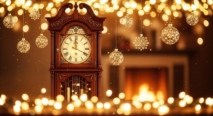 Timeless Elegance: A Grandfather Clock Adorned with Festive Lights. This captivating scene presents a vintage grandfather clock, with a glowing fireplace in the background.