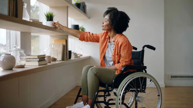 Independent Black woman in a wheelchair placing potted plant on a bookshelf at home - Powered by Adobe