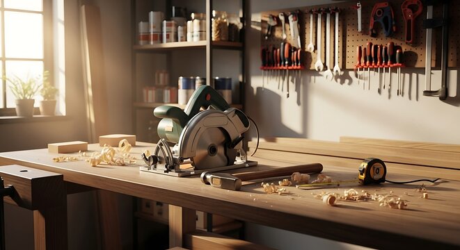 Workshop Interior: A woodworking workshop bathed in warm, natural light, showcases the beauty of craftsmanship, tools of the trade. The scene is filled with a sense of purpose.
