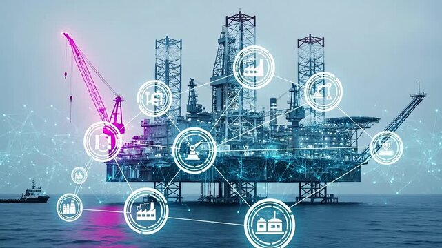 Smart offshore industry integrating advanced technology for optimized energy production. Digital network connects platforms, enhancing efficiency and sustainability in oil and gas operations