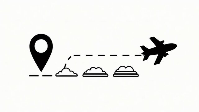 Minimalist icon of an airplane flying along a dotted line route from a map pin location marker. A simple vector concept of air travel, vacation journey, and global transportation
