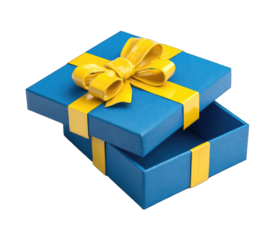 Open blue gift box with yellow ribbon and bow