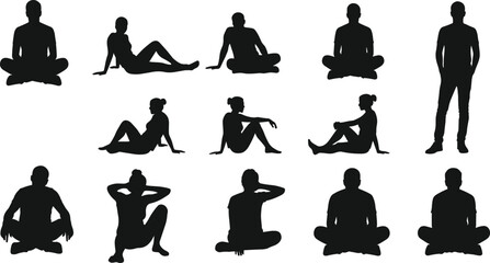 Human silhouette poses, seated and standing positions, body language, yoga meditation shapes, ergonomic posture, vector icons, fitness design, anatomy reference