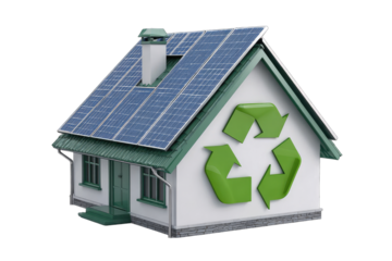 3D model of a house with solar panels and a recycle symbol, suggesting sustainable living
