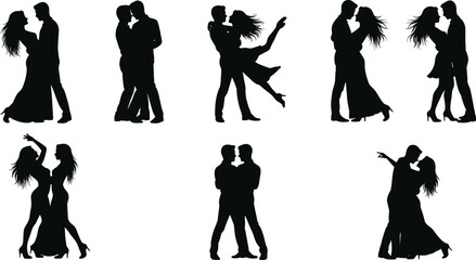 Romantic couple silhouette, dance pose, elegant movement, black figures, expressive gesture, partner connection, love embrace, artistic style, passion, intimacy