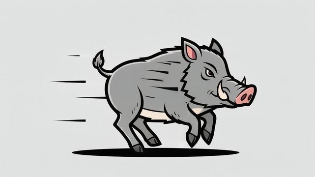 Cartoon Wild Boar Running Fast with Motion Lines on a White Background