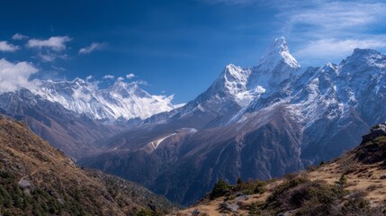 Fototapeta premium A panoramic view of the Himalayas, showcasing Aksai Chin and K2 with clear blue skies above. The majestic peaks stand tall, capturing their grandeur against the vast sky in high resolution.