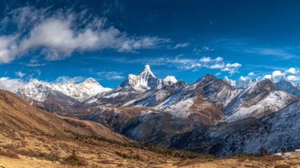 A panoramic view of the Himalayas, showcasing Aksai Chin and K2 with clear blue skies above. The majestic peaks stand tall, capturing their grandeur against the vast sky in high resolution.
