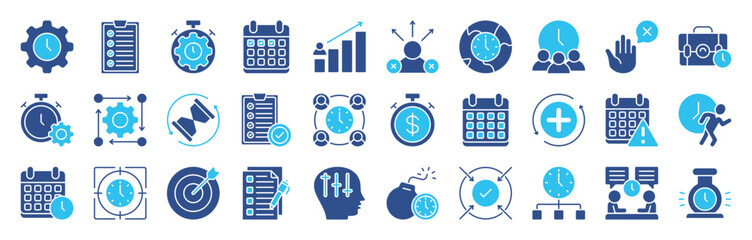 Time Management color editable icon set collection. Task, manage time, planner, schedule, to-do list, calendar, delegation, reminder, timer, set priorities and more. Vector illustration eps 10