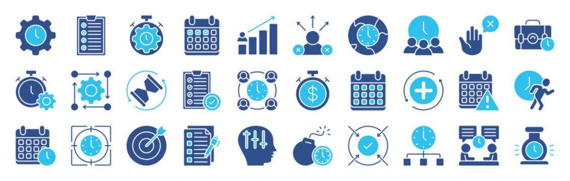 Time Management color editable icon set collection. Task, manage time, planner, schedule, to-do list, calendar, delegation, reminder, timer, set priorities and more. Vector illustration eps 10 - Powered by Adobe