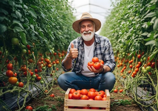 Happy Senior Farmer Giving Thumbs Up with Freshly Harvested Red Tomatoes in Greenhouse