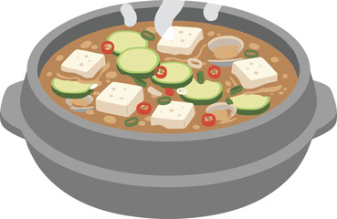 Flat Illustration Korean Soybean Paste Stew Meal with Tofu and Vegetables
