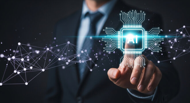 A man in a suit touches a glowing AI circuit board with interconnected lines, symbolizing artificial intelligence in a dark background. Finger pointing and light burst enhances the concept.