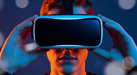 A man immersed in a virtual reality experience, wearing a VR headset with vibrant neon blue and orange lighting illuminating his face against a bokeh background.