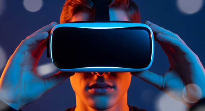 A man immersed in a virtual reality experience, wearing a VR headset with vibrant neon blue and orange lighting illuminating his face against a bokeh background.