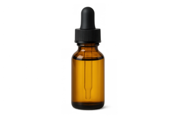 Amber glass dropper bottle, containing liquid, for beauty, healthcare, and wellness products. Transparent background