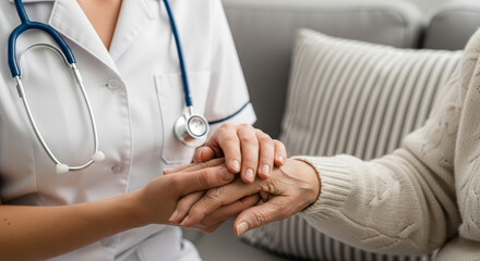 Fototapeta na wymiar Nurse in White Uniform Holding Elderly Patient Hand in Medical Care Setting with Stethoscope, Gray Sofa and Striped Pillow in Background
