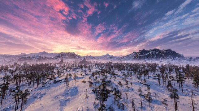 A breathtaking aerial view of a snow-covered alpine landscape at sunset, with pink and purple hues in the sky. Majestic mountains and tall trees create a serene winter atmosphere in high resolution.