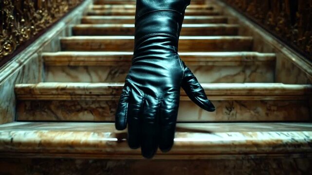 Gloved Hand on Ornate Marble Staircase in Mansion