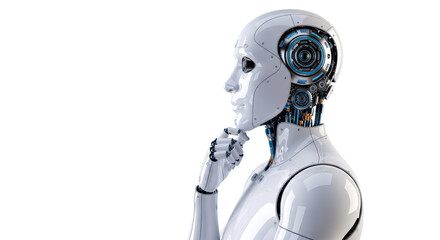 A pensive robot in white with silver metal components is contemplating. Studio shot showcases the artificial intelligence, technology, and futuristic design.