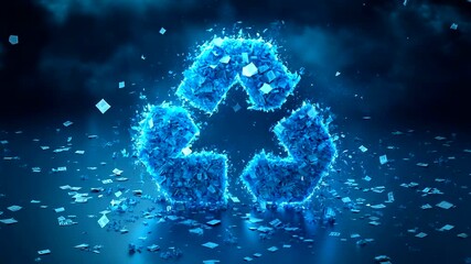 Glowing blue recycling symbol with debris in background - Powered by Adobe