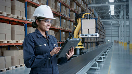 Female industrial indian engineer wearing hard hat and protective glasses operating tablet while overseeing automated robotic arm moving box in smart logistics warehouse full of cargo