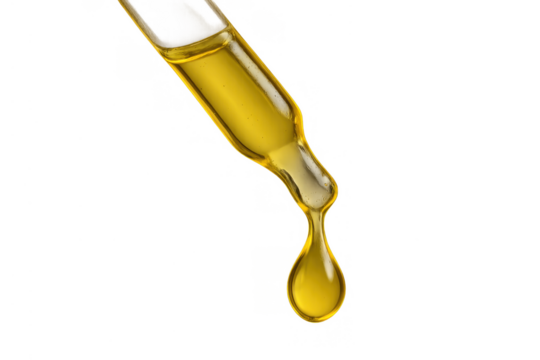 Dropper precisely releasing a vibrant yellow liquid drop, ideal for cosmetics, serum, or natural oil concepts, transparent background