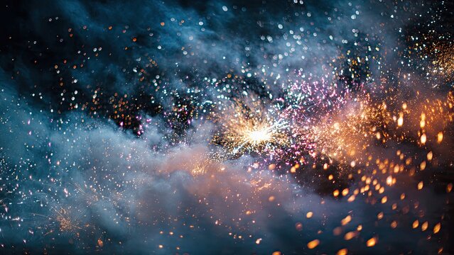 Abstract illustration of colorful explosions with dynamic light effects on dark background - Powered by Adobe
