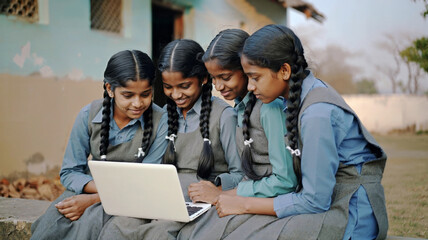 Obraz premium Group of happy Indian school girls learning together on a laptop in a rural village or school, young students looking at the screen with a smile - Access to education and technology