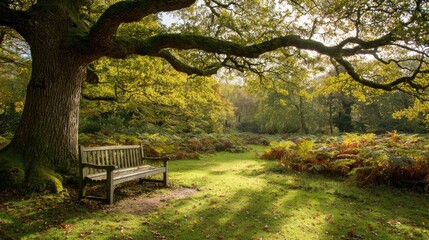 A park bench beneath a large oak tree in autumn.
