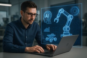 Fototapeta premium An engineer working with AI and Robotics on Laptop for the concept of technology.
