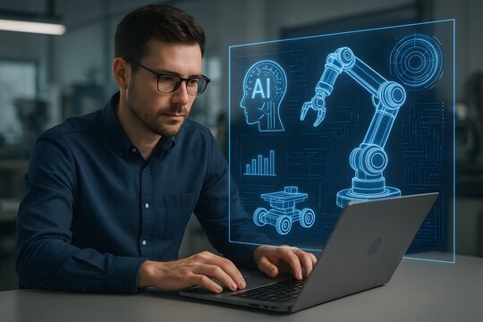 An engineer working with AI and Robotics on Laptop for the concept of technology.