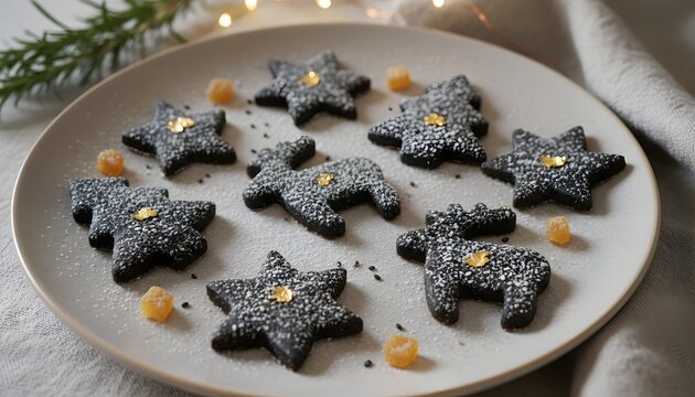 Festive black christmas cookies with gold leaf, an elegant food presentation for holiday advertising