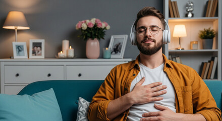 A serene man wearing headphones meditating on a teal sofa in a beige living room. Features a bookshelf, warm lighting, and a peaceful indoor environment.