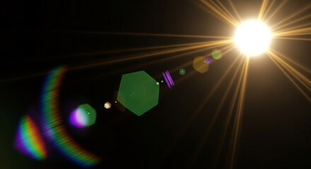 Image displays a radiant sun with prominent lens flare effects, set against a dark background. Hexagonal bokeh shapes and a rainbow spectrum add visual interest to the starburst design.
