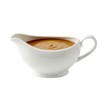 Classic white porcelain sauce boat filled with smooth, savory brown gravy.