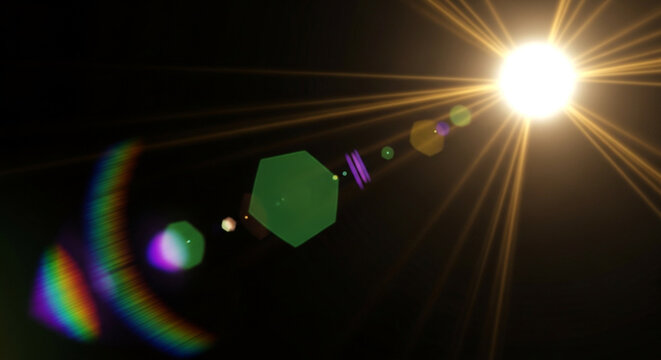 Image displays a radiant sun with prominent lens flare effects, set against a dark background. Hexagonal bokeh shapes and a rainbow spectrum add visual interest to the starburst design. - Powered by Adobe