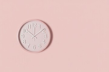 Round clock on pink wall, time concept with copy space for text